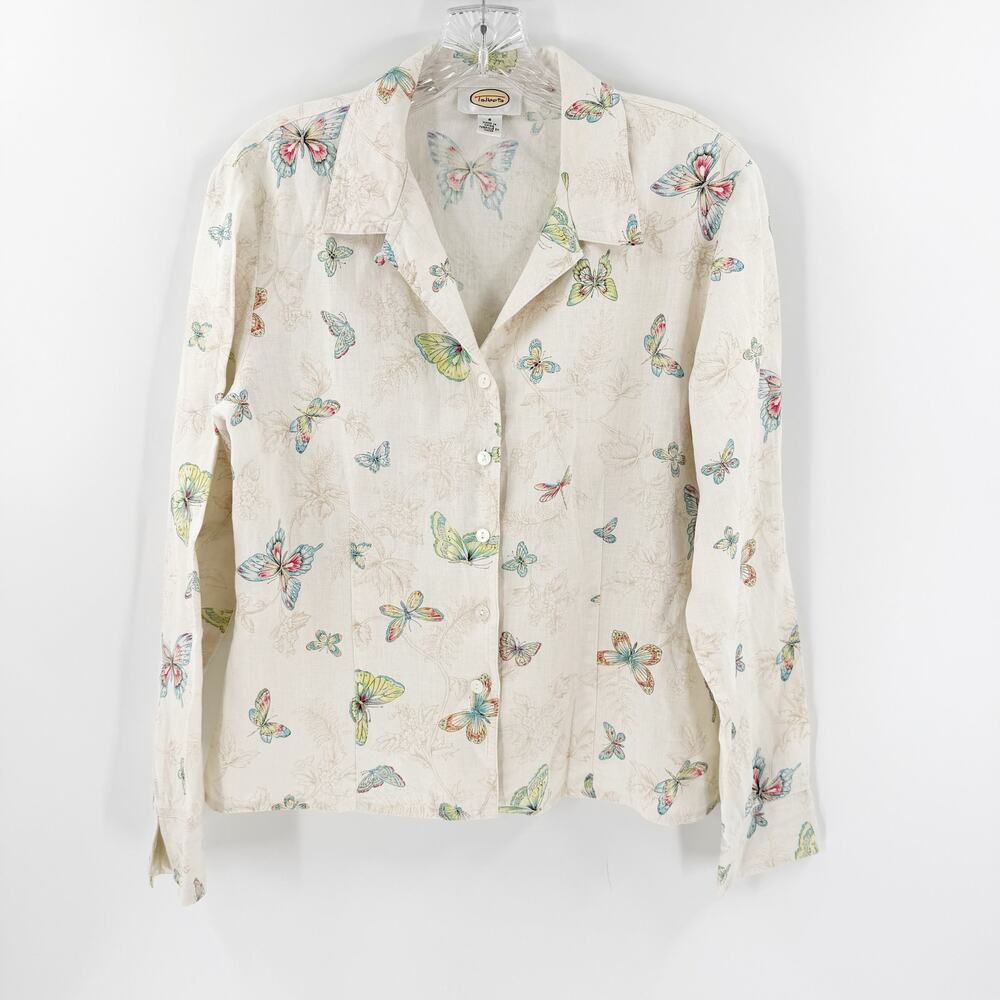 Talbots Linen Butterfly Print Button Front Blouse Womens Size 8 Lightweight Top